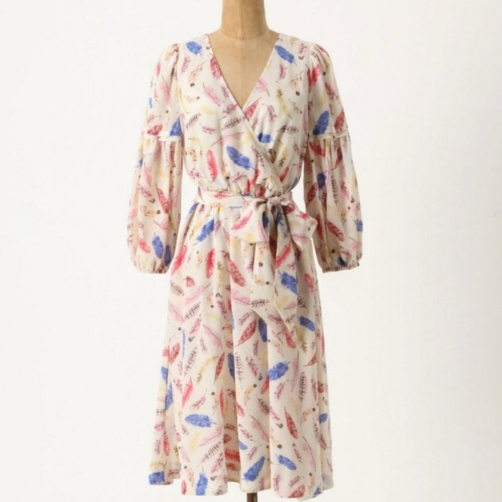 Anthropologie Multicolor Feather Print 100% Silk Nathalie Lété Paris Galah Dress